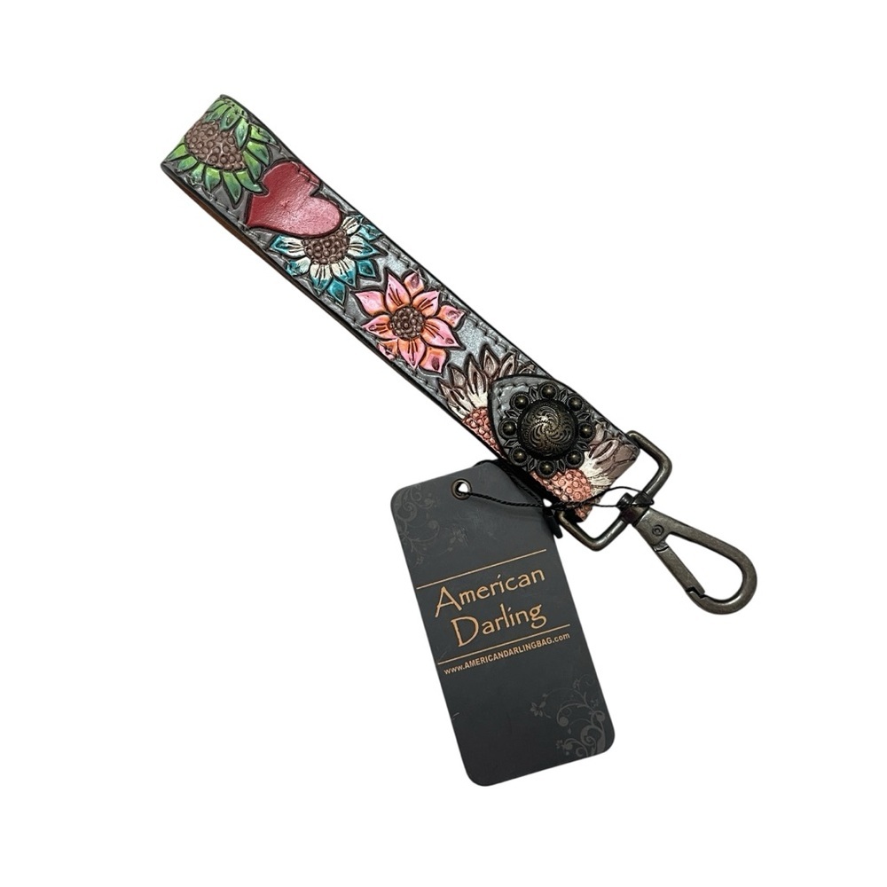 American Darling ADWSF125 Floral Tooled Leather Keychain Wristlet Gray New